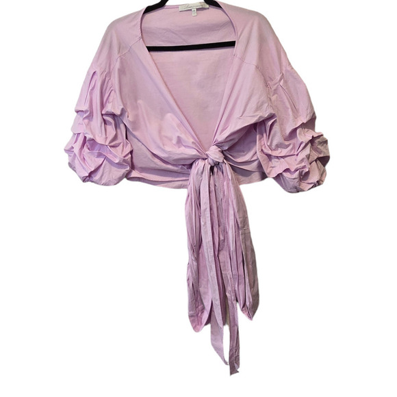 Lovers and Friends M Revolve Bow Blouse Pink True Wrap Ruched Sleeves - Picture 1 of 6